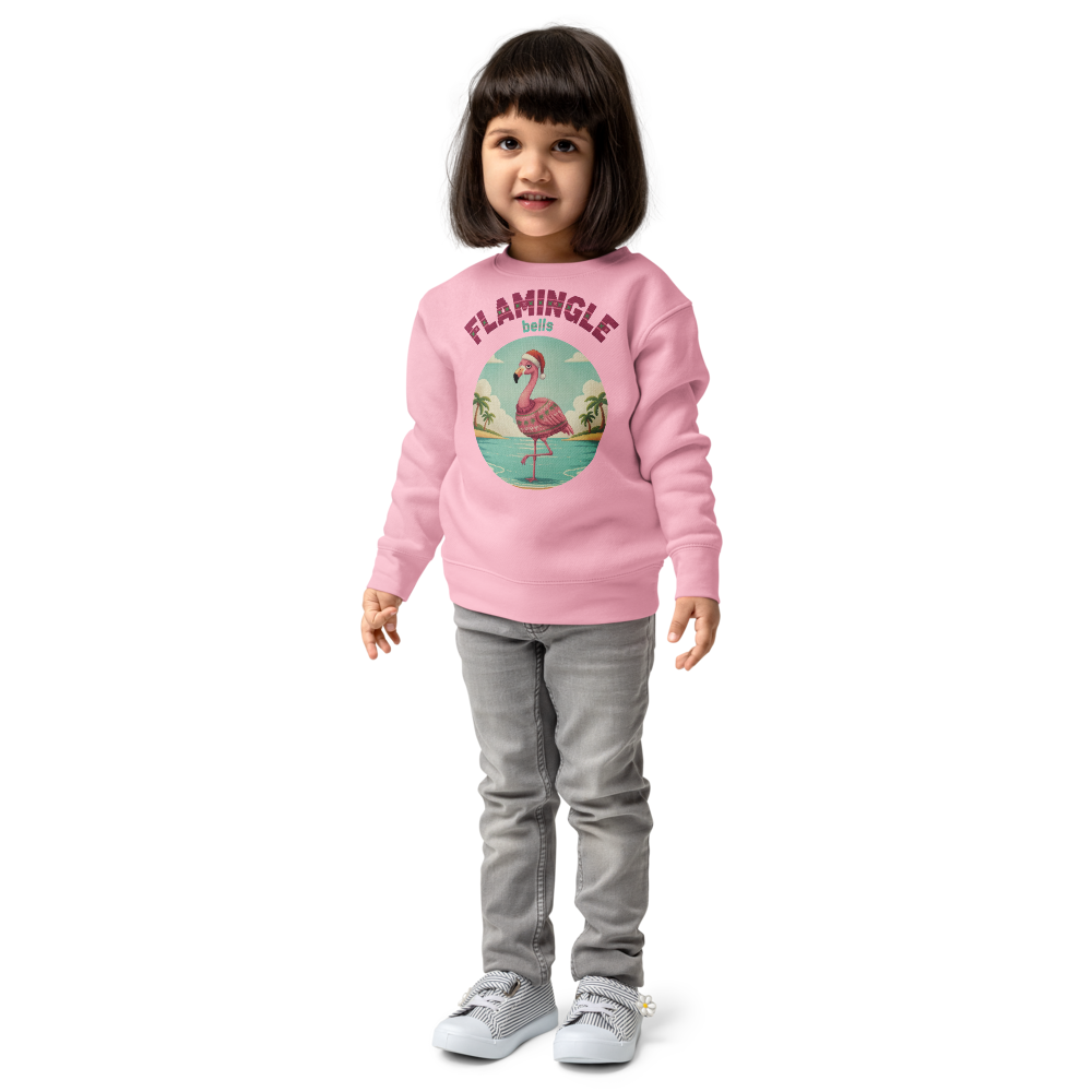 Flamingle Bells Toddler Ugly Christmas Sweater | Kids Crewneck Sweatshirt, Ages 2 to 7 Pink on-model girl