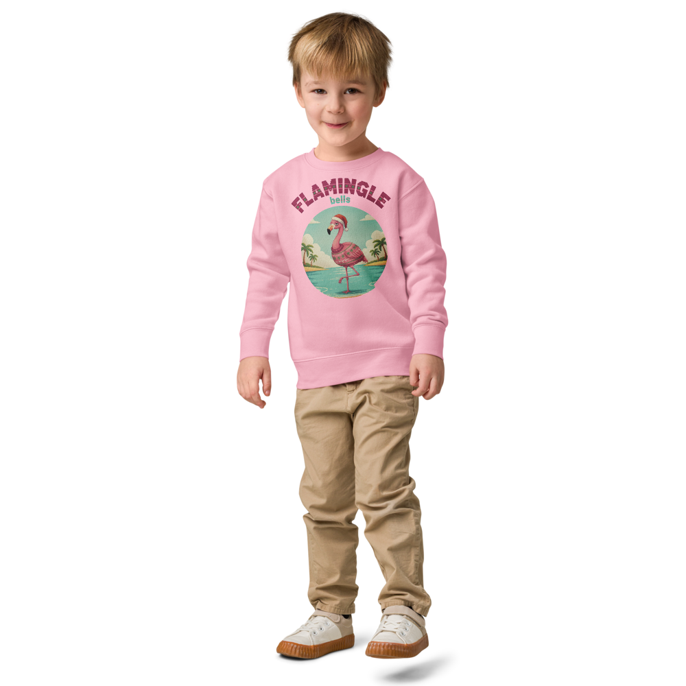 Flamingle Bells Toddler Ugly Christmas Sweater | Kids Crewneck Sweatshirt, Ages 2 to 7 Pink on-model boy