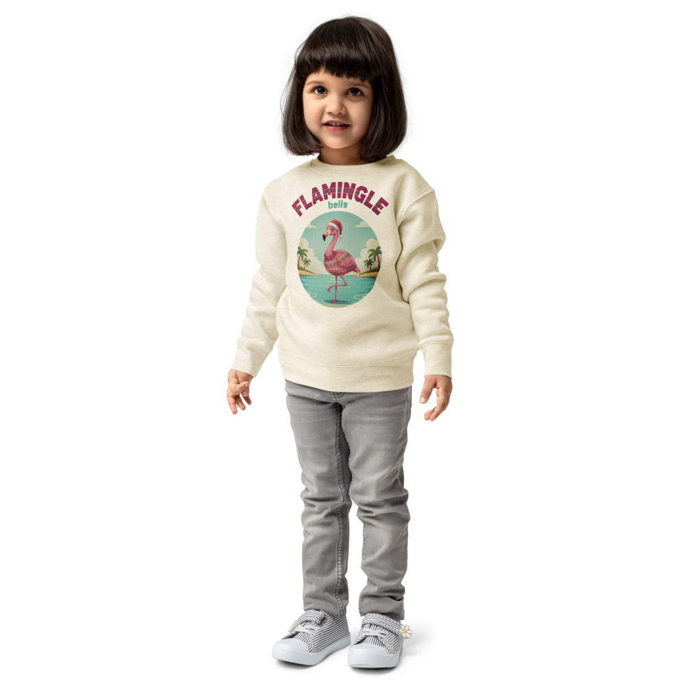 Flamingle Bells Toddler Ugly Christmas Sweater | Kids Crewneck Sweatshirt, Ages 2 to 7 Natural Heather on-model girl