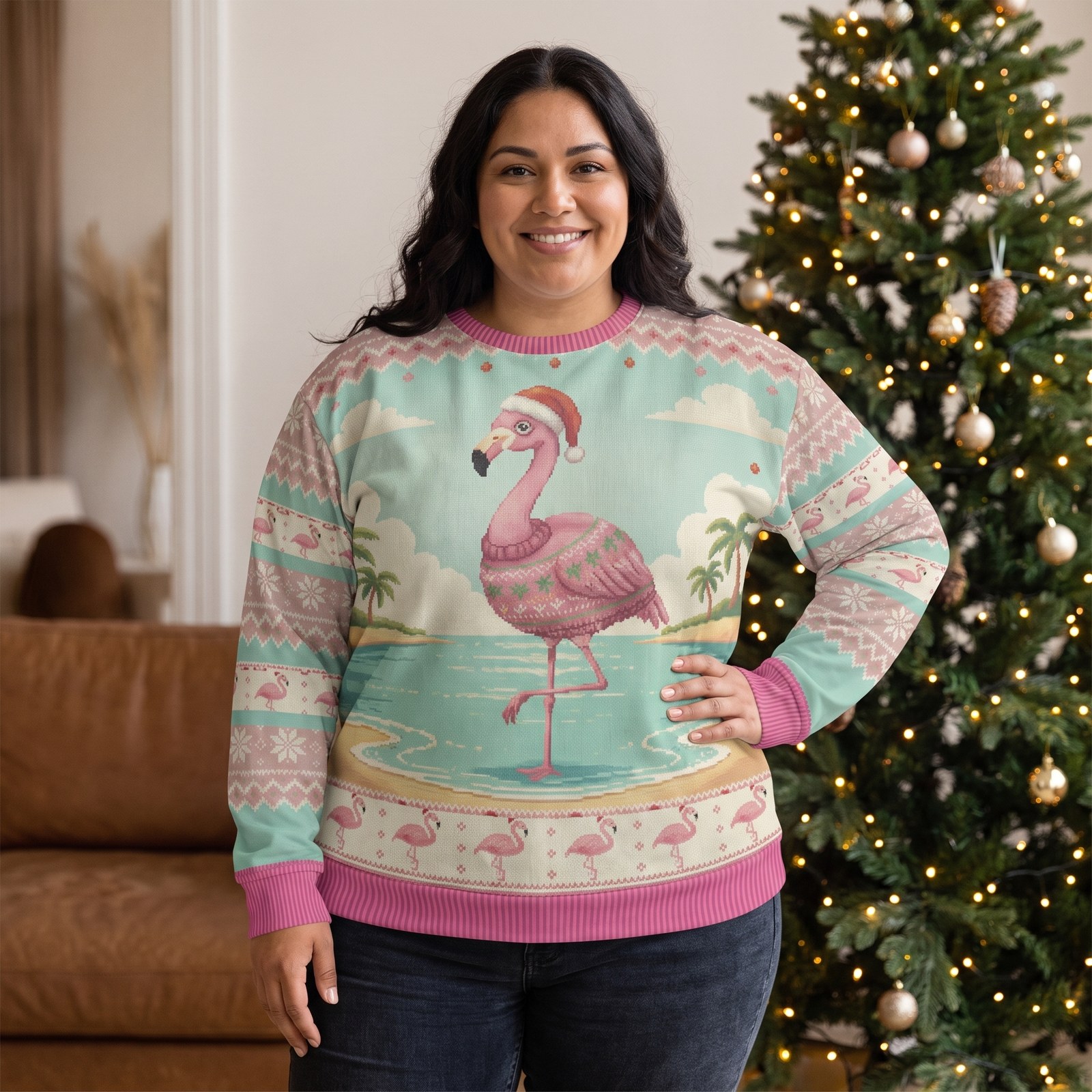 Plus size styling photo, Flamingle Bells Ugly Christmas Sweater