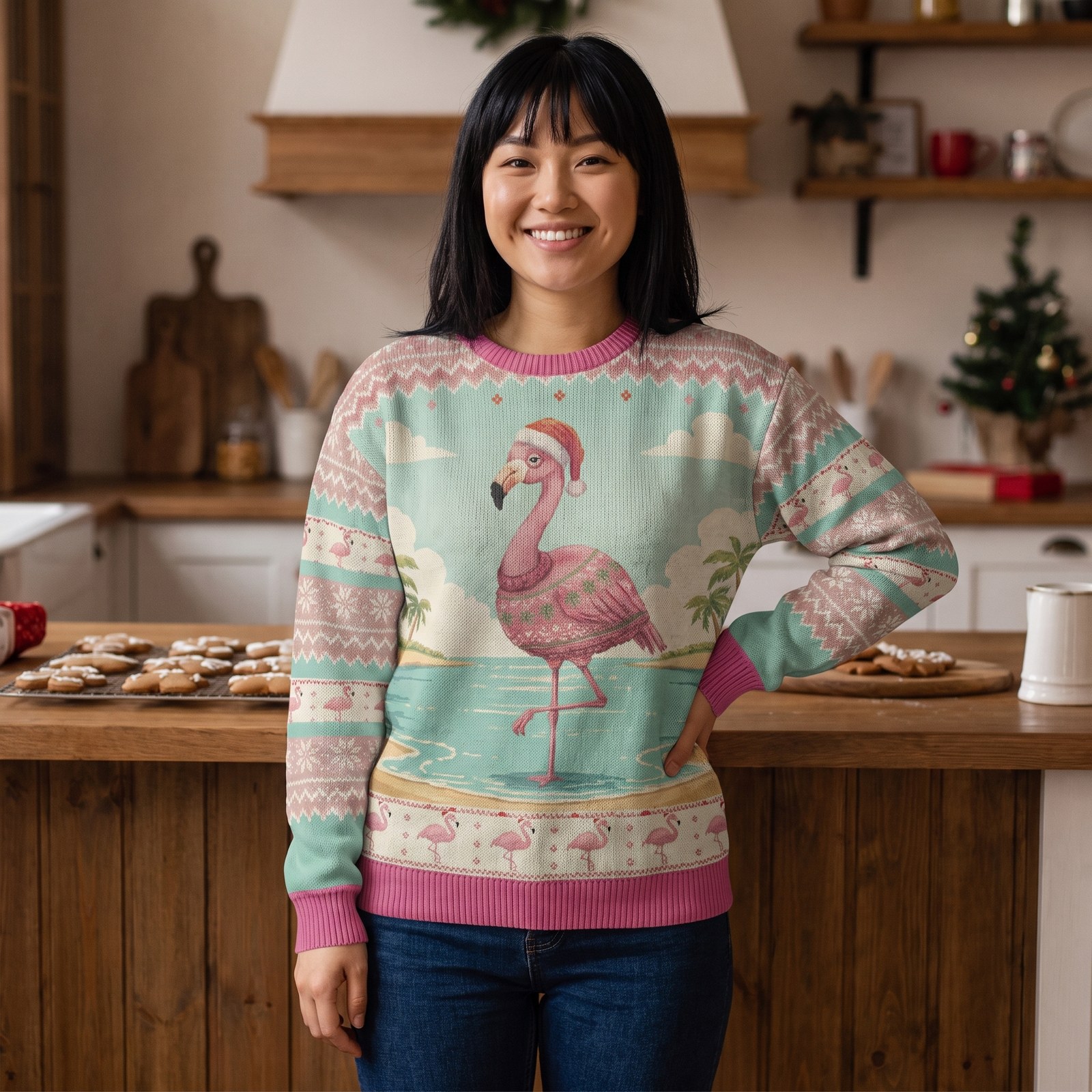 Styling photo, Flamingle Bells Ugly Christmas Sweater