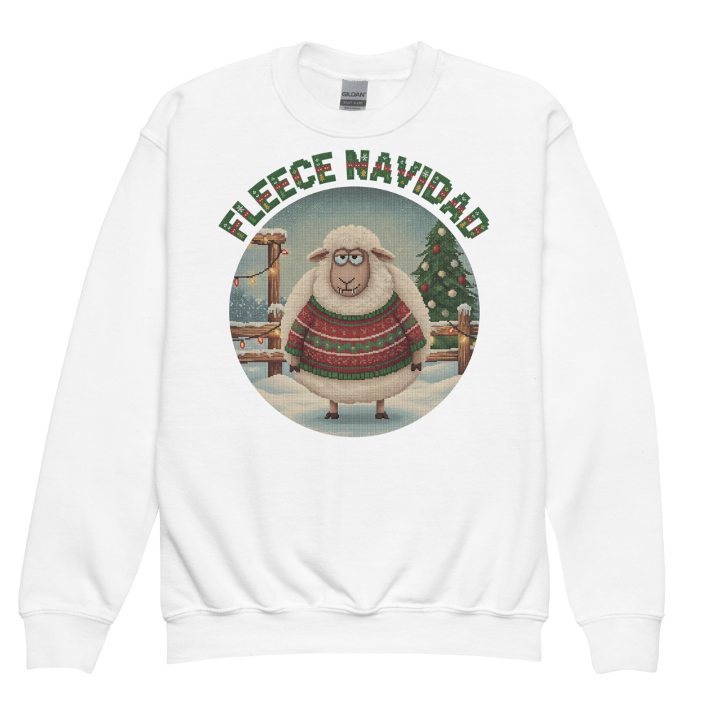 Fleece Navidad Kids Ugly Christmas Sweater | Youth Crewneck Sweatshirt White flat