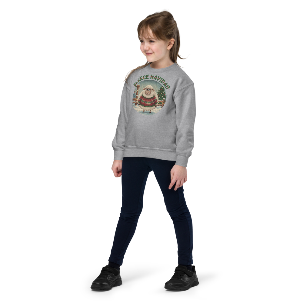 Fleece Navidad Kids Ugly Christmas Sweater | Youth Crewneck Sweatshirt Sport Grey on-model girl