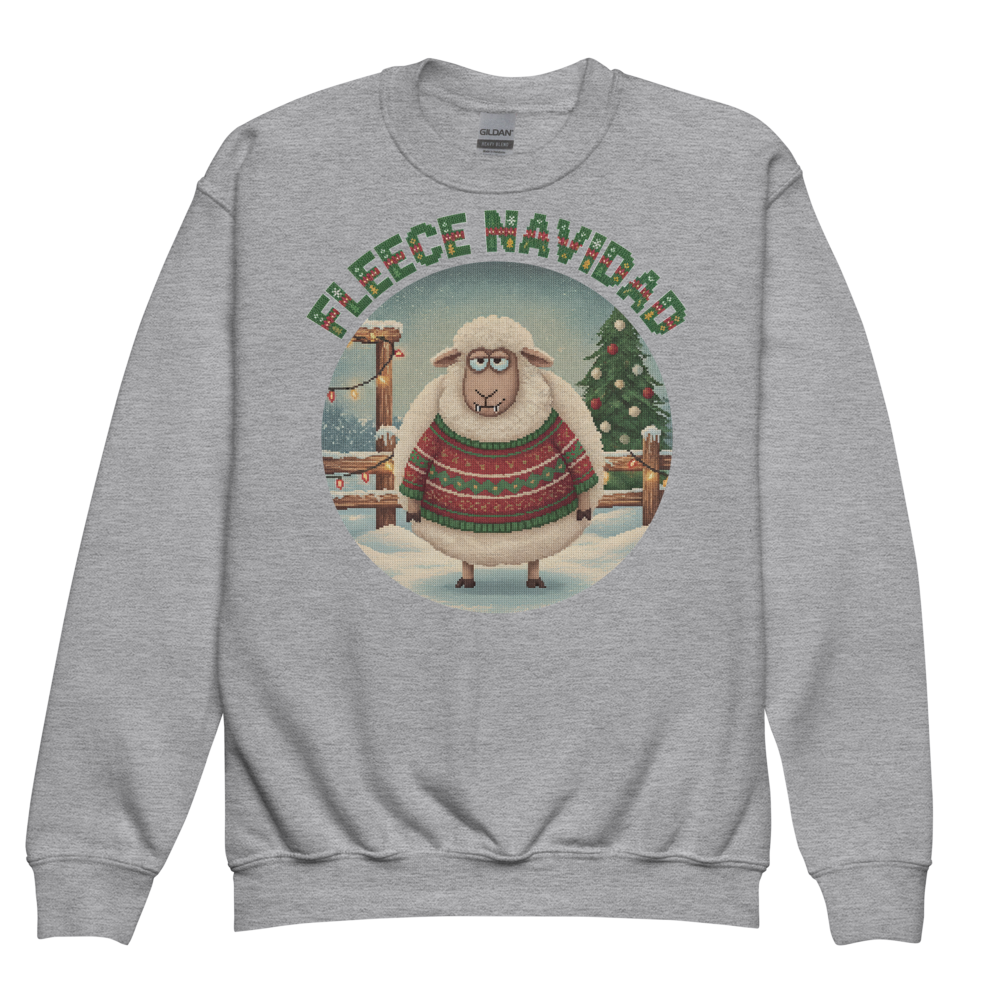 Fleece Navidad Kids Ugly Christmas Sweater | Youth Crewneck Sweatshirt Sport Grey flat