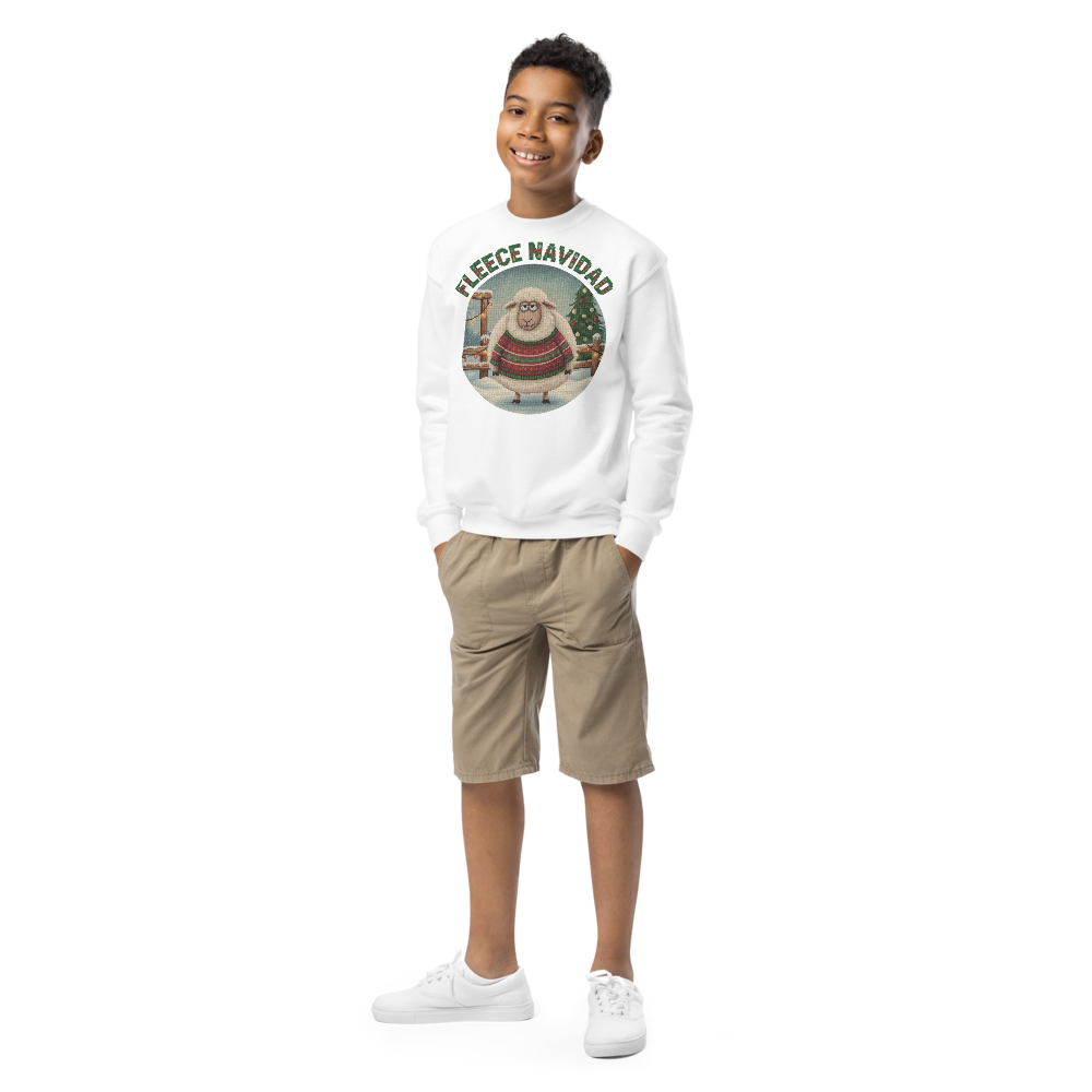 Fleece Navidad Kids Ugly Christmas Sweater | Youth Crewneck Sweatshirt White on-model boy