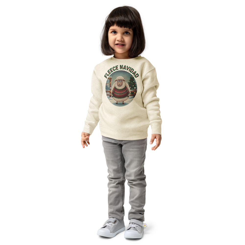 Fleece Navidad Toddler Ugly Christmas Sweater | Kids Crewneck Sweatshirt, Ages 2 to 7 Natural Heather on-model girl