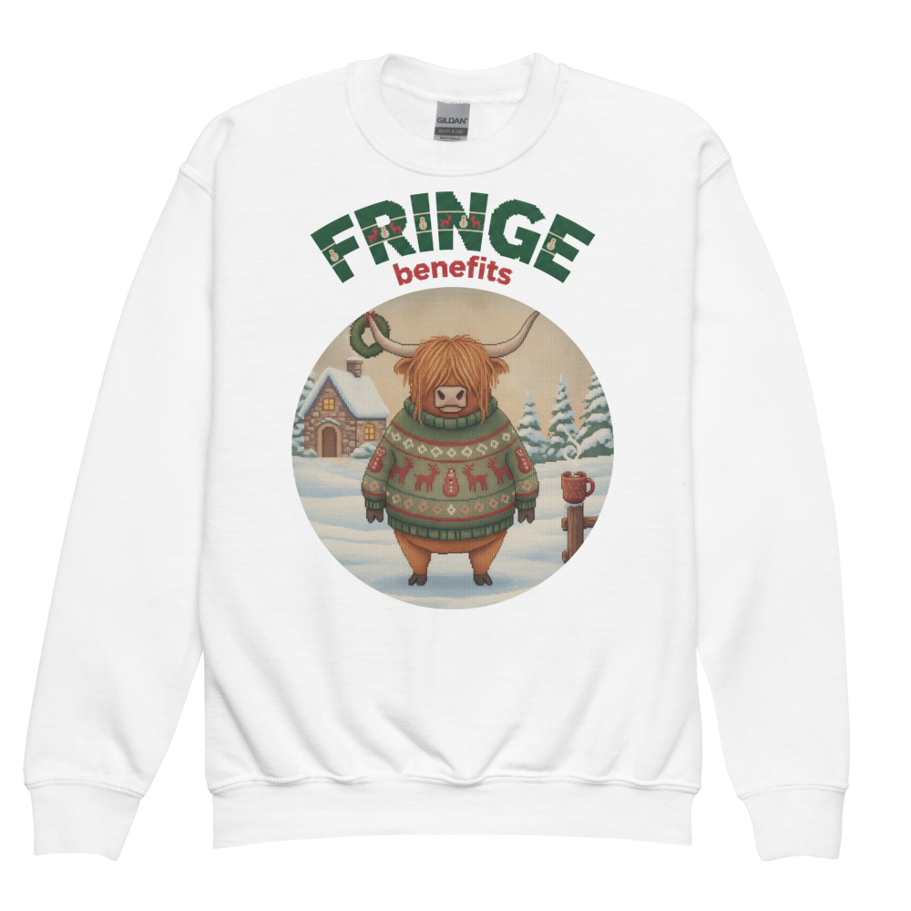 Fringe Benefits Kids Ugly Christmas Sweater | Youth Crewneck Sweatshirt White flat
