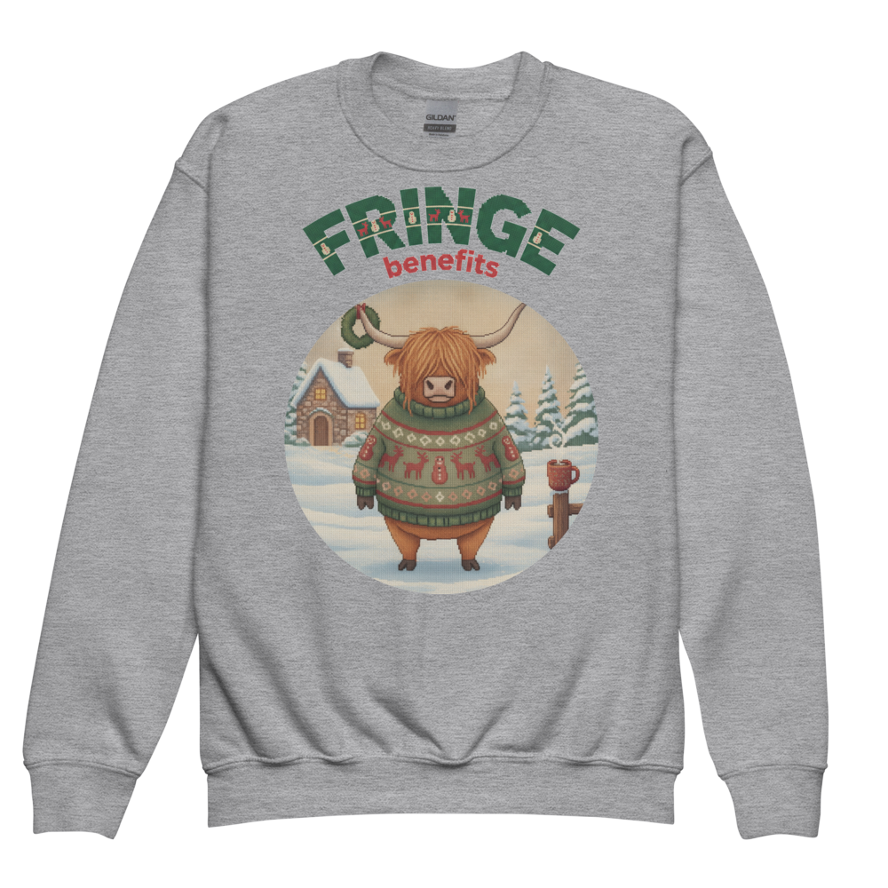 Fringe Benefits Kids Ugly Christmas Sweater | Youth Crewneck Sweatshirt Sport Grey flat