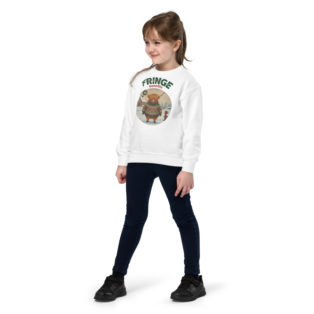 Fringe Benefits Kids Ugly Christmas Sweater | Youth Crewneck Sweatshirt White on-model girl
