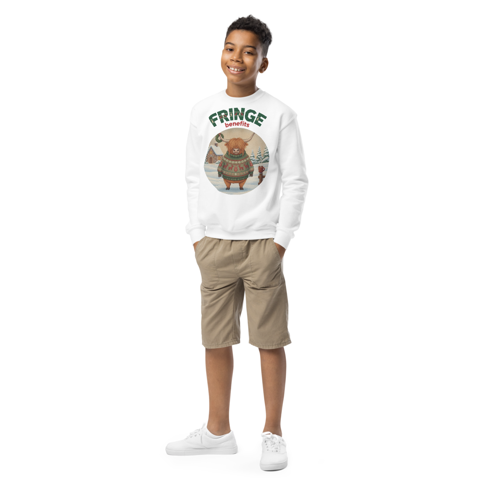 Fringe Benefits Kids Ugly Christmas Sweater | Youth Crewneck Sweatshirt White on-model boy