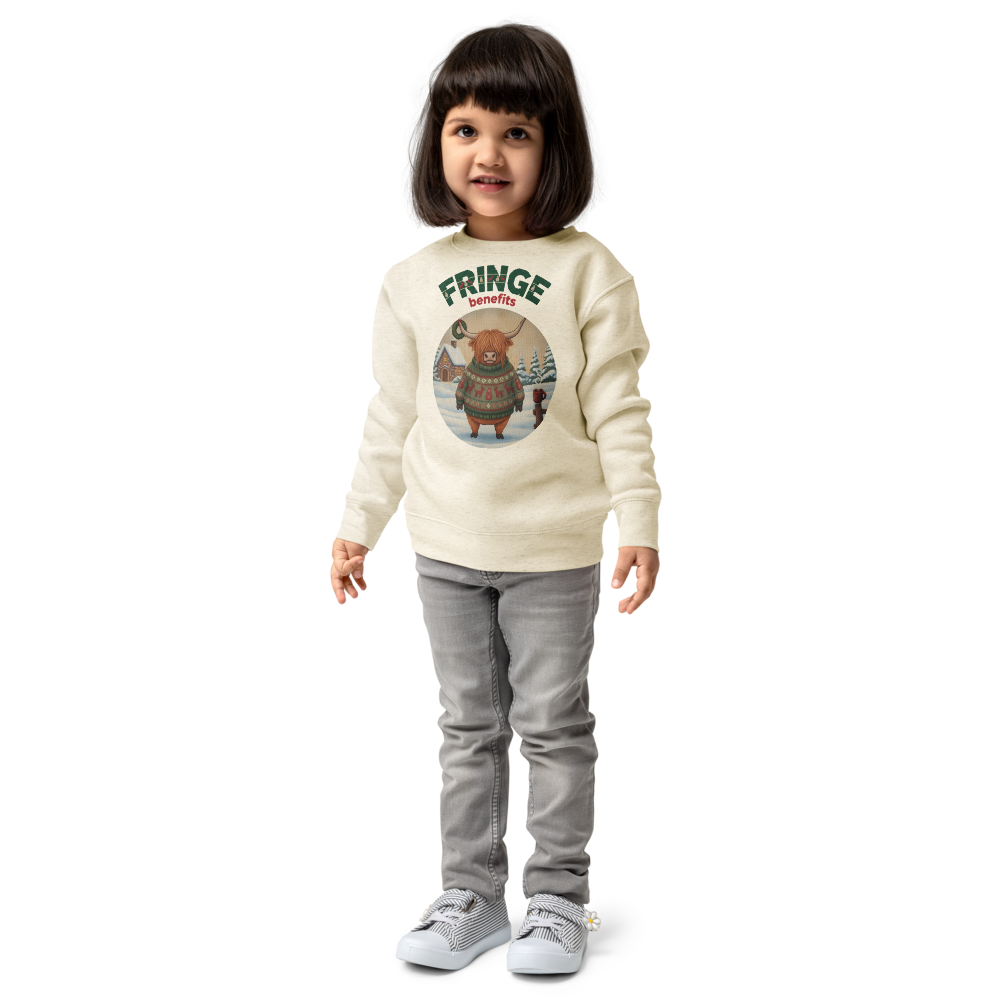 Fringe Benefits Toddler Ugly Christmas Sweater | Kids Crewneck Sweatshirt, Ages 2 to 7 Natural Heather on-model girl