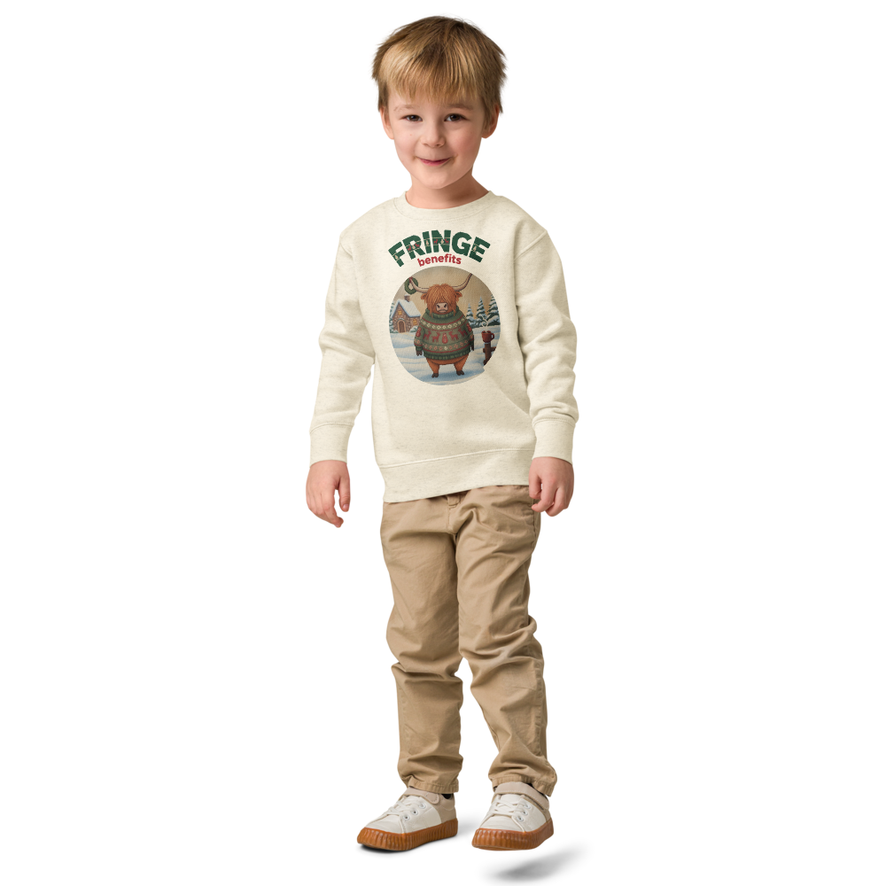 Fringe Benefits Toddler Ugly Christmas Sweater | Kids Crewneck Sweatshirt, Ages 2 to 7 Natural Heather on-model boy