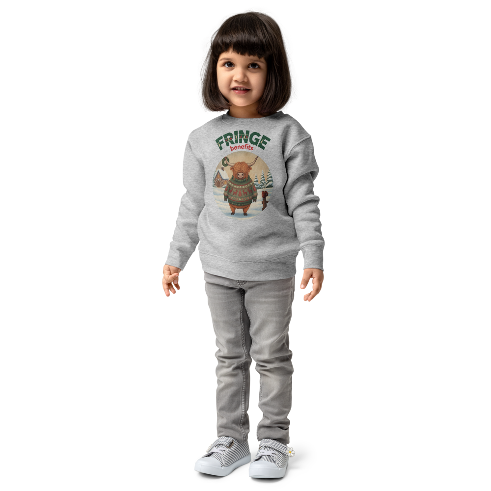 Fringe Benefits Toddler Ugly Christmas Sweater | Kids Crewneck Sweatshirt, Ages 2 to 7 Heather on-model girl