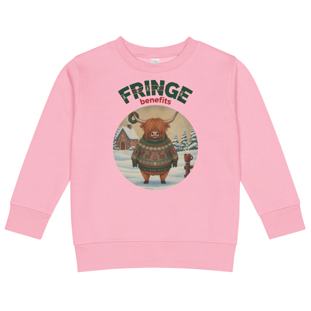 Fringe Benefits Toddler Ugly Christmas Sweater | Kids Crewneck Sweatshirt, Ages 2 to 7 Pink flat