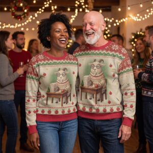 Styling photo, G.O.A.T. Teacher Matching Ugly Christmas Sweaters for Couples