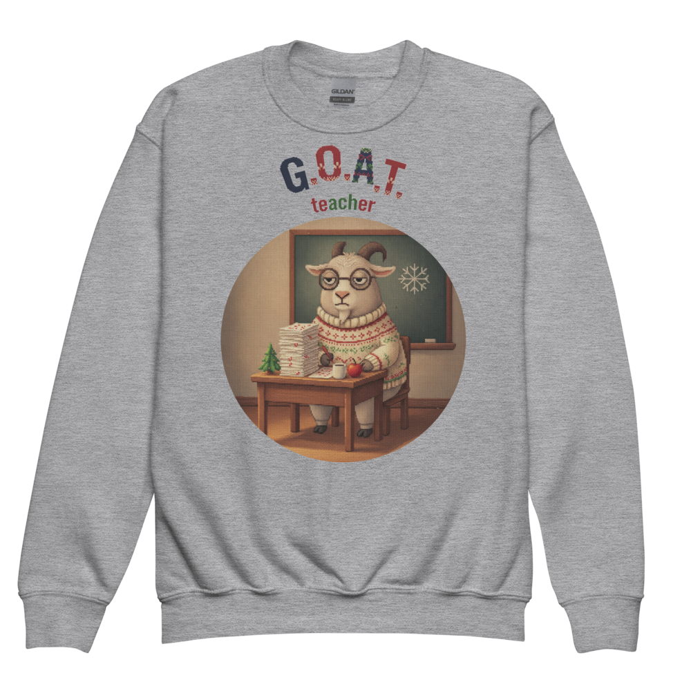 G.O.A.T. Teacher Kids Ugly Christmas Sweater | Youth Crewneck Sweatshirt Sport Grey flat