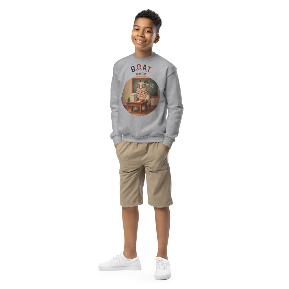 G.O.A.T. Teacher Kids Ugly Christmas Sweater | Youth Crewneck Sweatshirt Sport Grey on-model boy