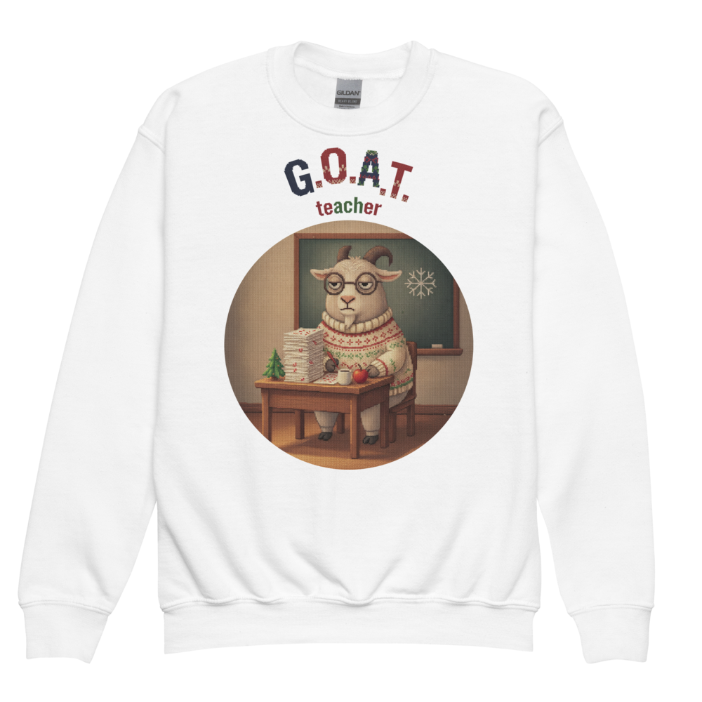 G.O.A.T. Teacher Kids Ugly Christmas Sweater | Youth Crewneck Sweatshirt White flat