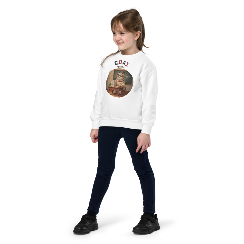 G.O.A.T. Teacher Kids Ugly Christmas Sweater | Youth Crewneck Sweatshirt White on-model girl