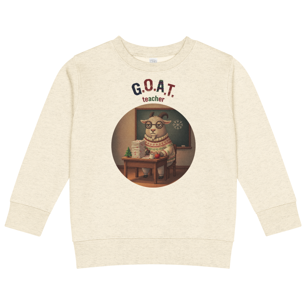 G.O.A.T. Teacher Toddler Ugly Christmas Sweater | Kids Crewneck Sweatshirt, Ages 2 to 7 Natural Heather flat