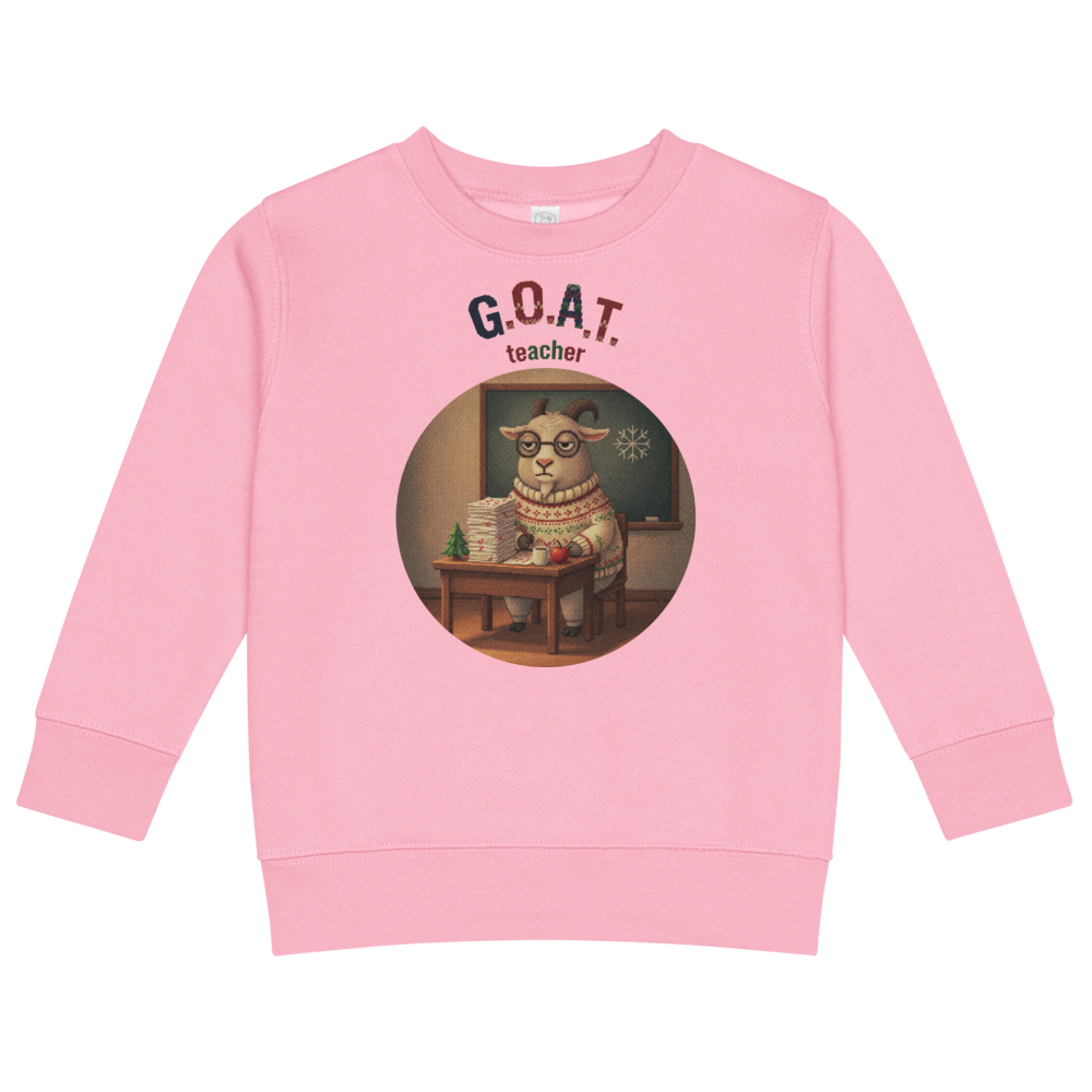 G.O.A.T. Teacher Toddler Ugly Christmas Sweater | Kids Crewneck Sweatshirt, Ages 2 to 7 Pink flat