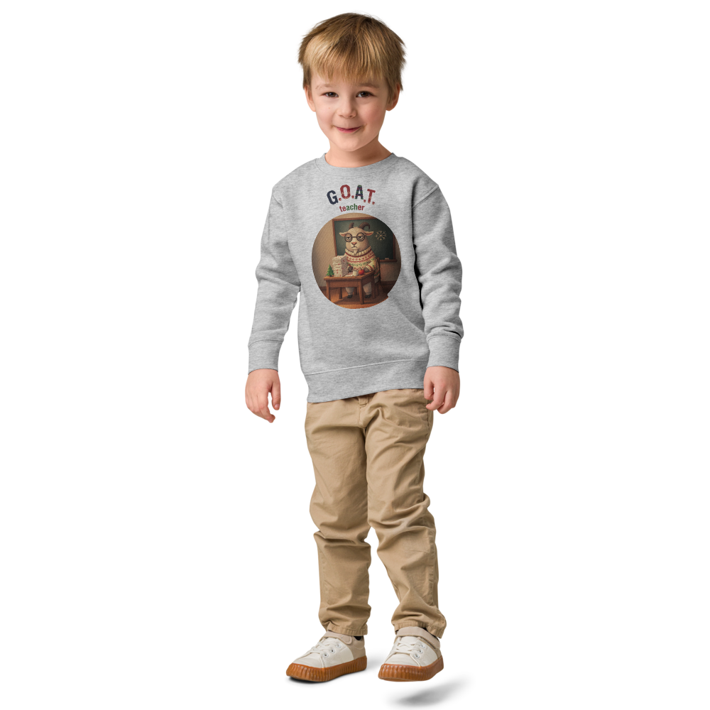 G.O.A.T. Teacher Toddler Ugly Christmas Sweater | Kids Crewneck Sweatshirt, Ages 2 to 7 Heather on-model boy