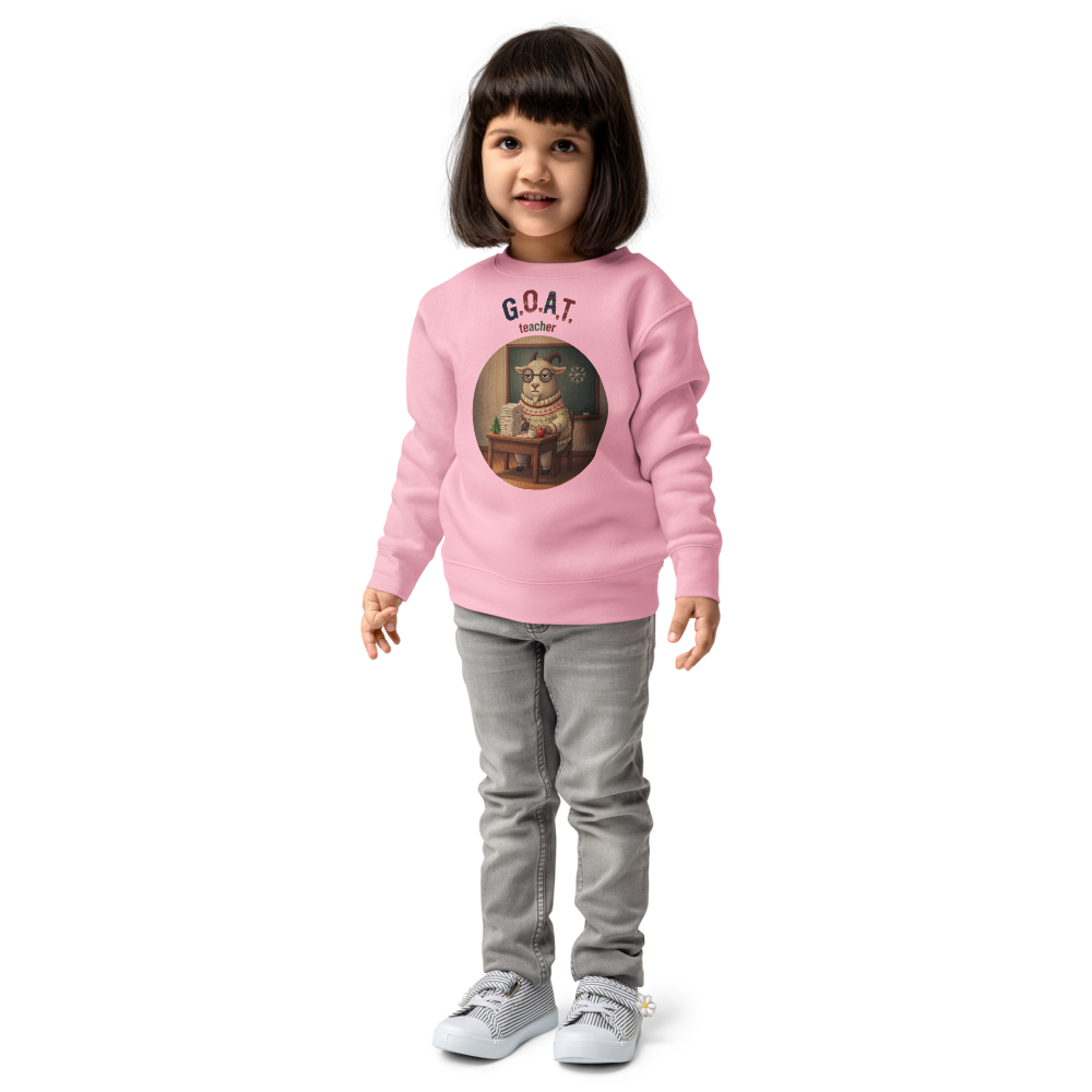 G.O.A.T. Teacher Toddler Ugly Christmas Sweater | Kids Crewneck Sweatshirt, Ages 2 to 7 Pink on-model girl