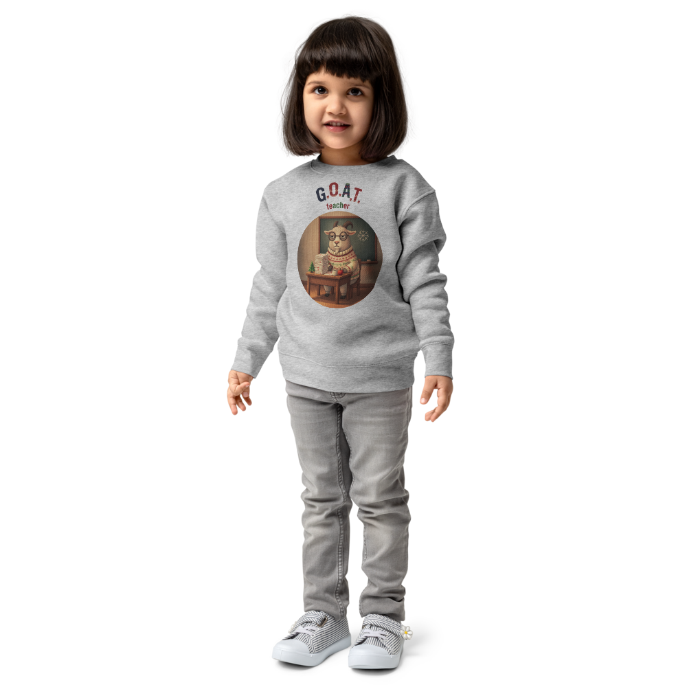 G.O.A.T. Teacher Toddler Ugly Christmas Sweater | Kids Crewneck Sweatshirt, Ages 2 to 7 Heather on-model girl