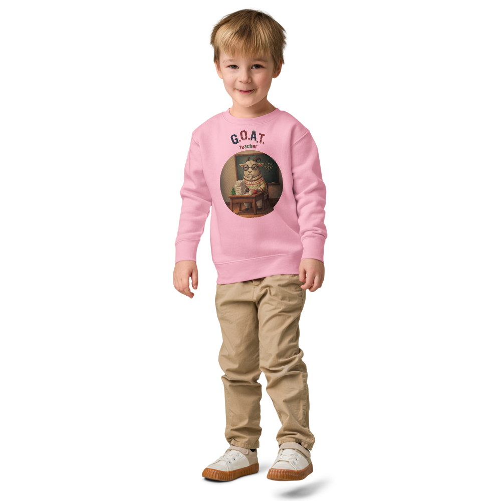 G.O.A.T. Teacher Toddler Ugly Christmas Sweater | Kids Crewneck Sweatshirt, Ages 2 to 7 Pink on-model boy