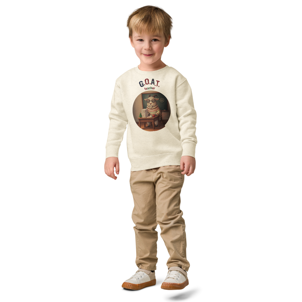 G.O.A.T. Teacher Toddler Ugly Christmas Sweater | Kids Crewneck Sweatshirt, Ages 2 to 7 Natural Heather on-model boy