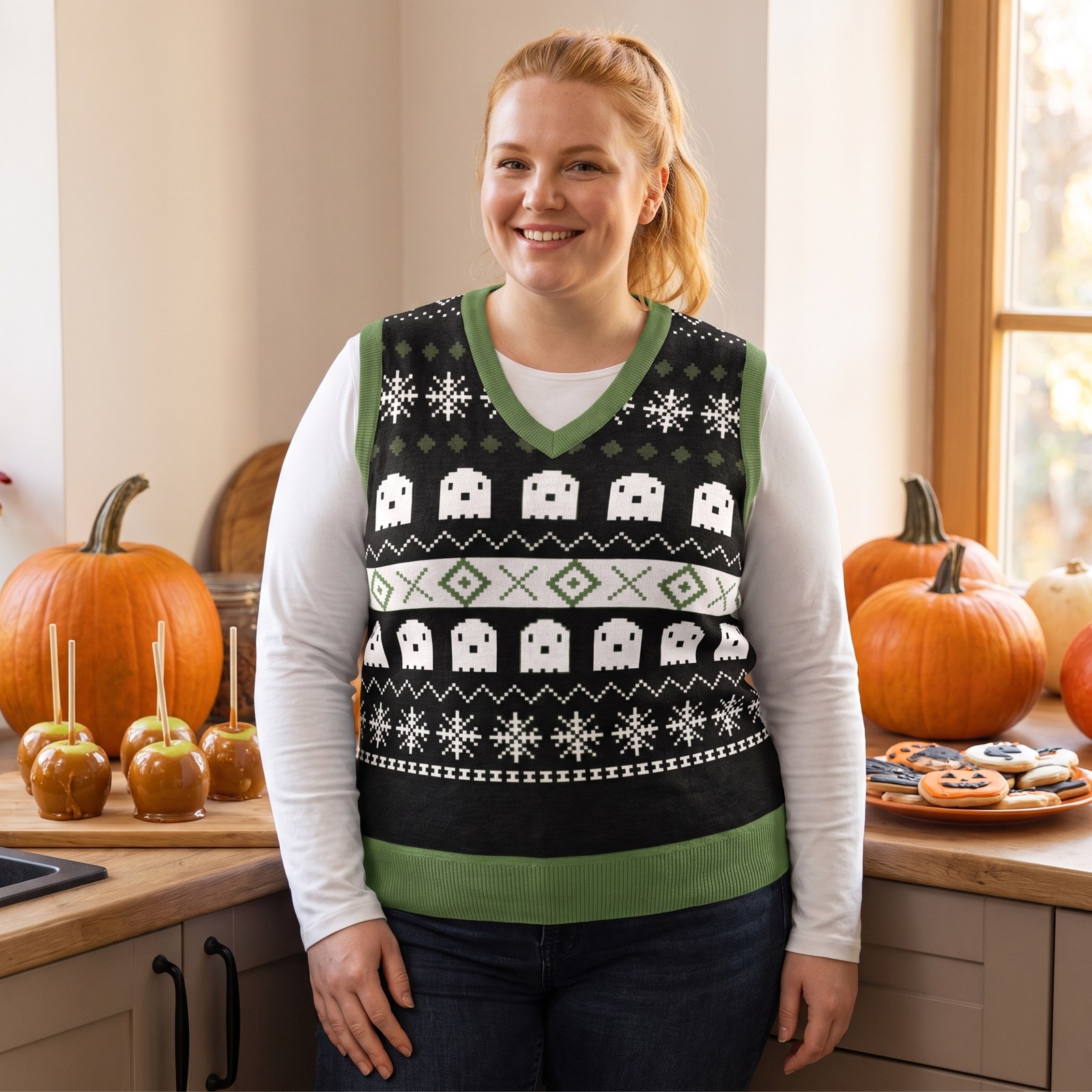 Plus size styling photo, Ghost Vintage Halloween Sweater Vest for Men and Women