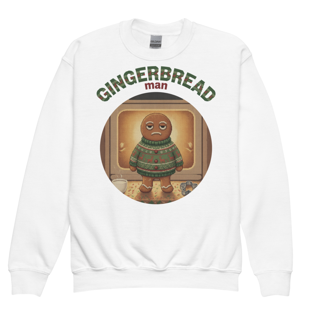 Gingerbread Man Kids Ugly Christmas Sweater | Youth Crewneck Sweatshirt White flat