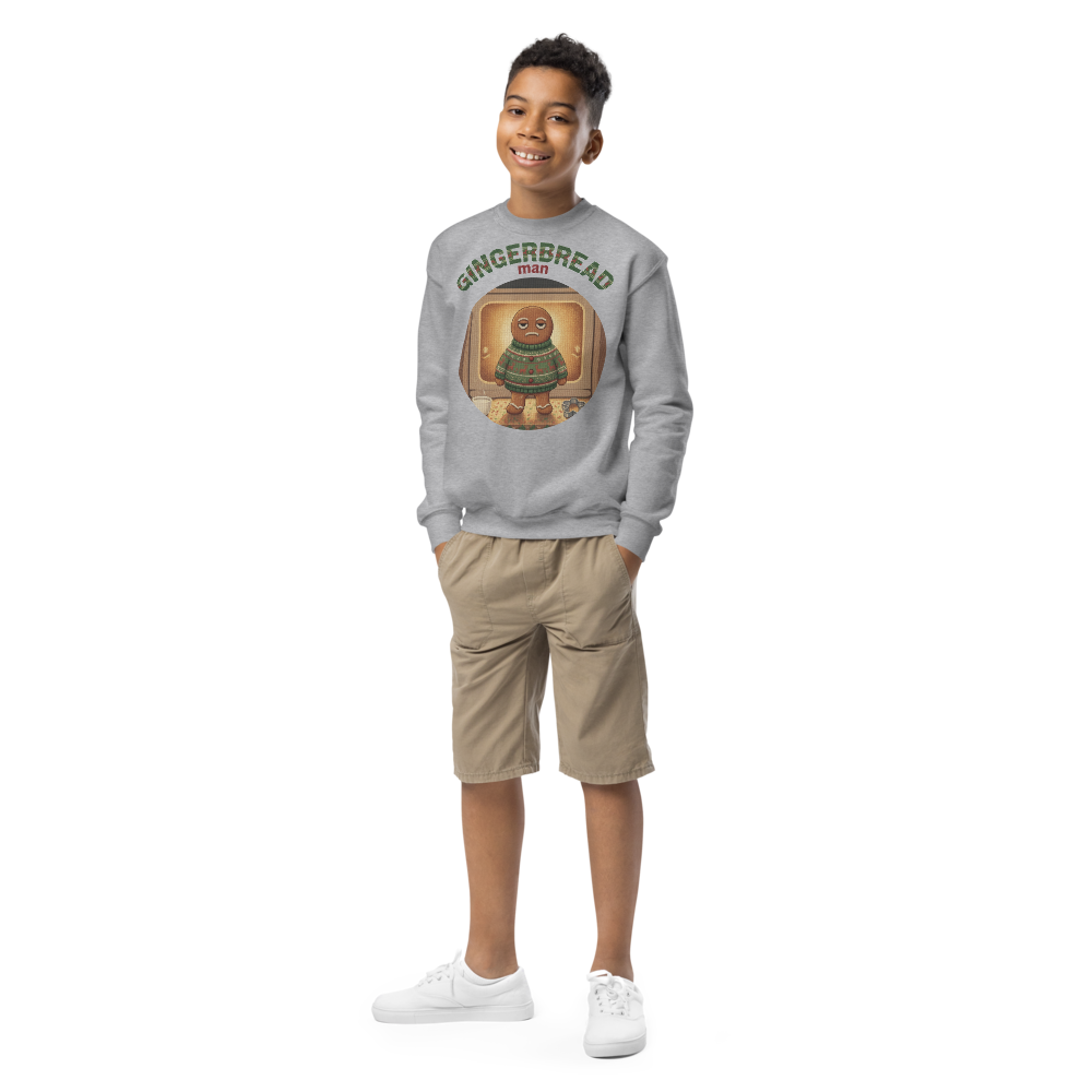 Gingerbread Man Kids Ugly Christmas Sweater | Youth Crewneck Sweatshirt Sport Grey on-model boy