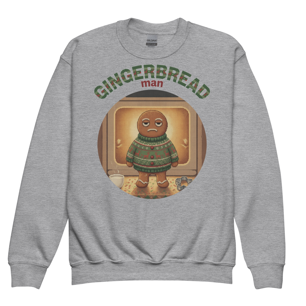 Gingerbread Man Kids Ugly Christmas Sweater | Youth Crewneck Sweatshirt Sport Grey flat
