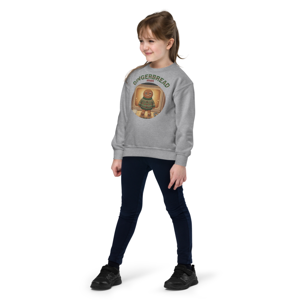 Gingerbread Man Kids Ugly Christmas Sweater | Youth Crewneck Sweatshirt Sport Grey on-model girl