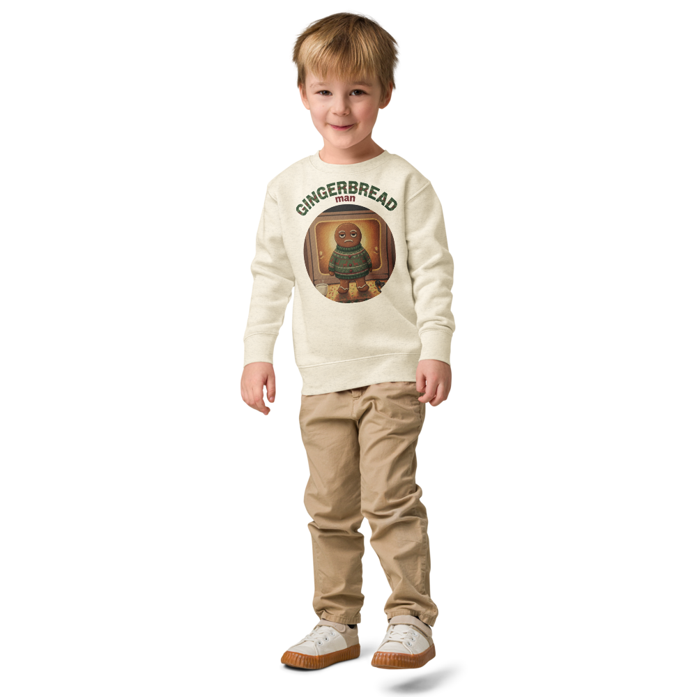 Gingerbread Man Toddler Ugly Christmas Sweater | Kids Crewneck Sweatshirt, Ages 2 to 7 Natural Heather on-model boy
