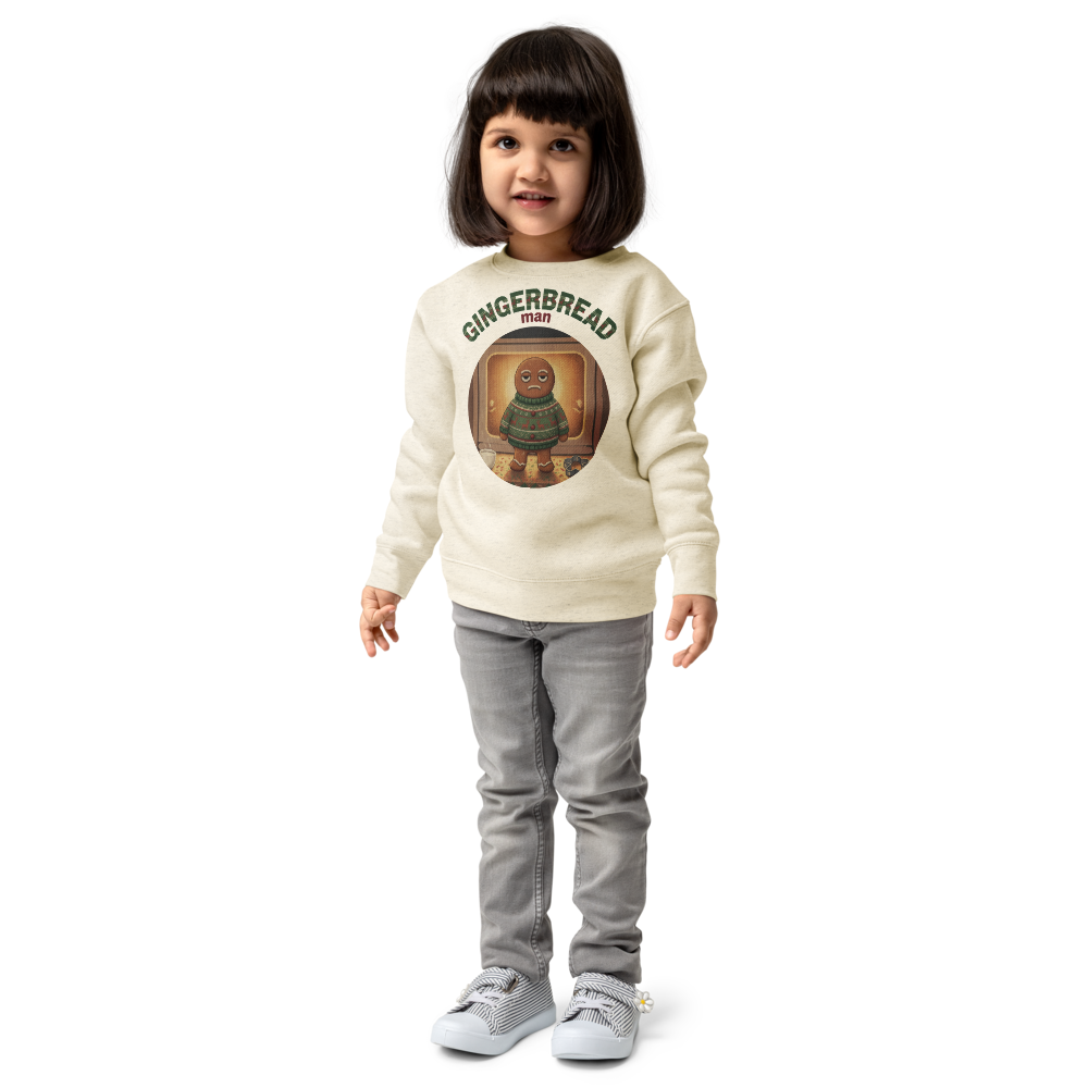 Gingerbread Man Toddler Ugly Christmas Sweater | Kids Crewneck Sweatshirt, Ages 2 to 7 Natural Heather on-model girl
