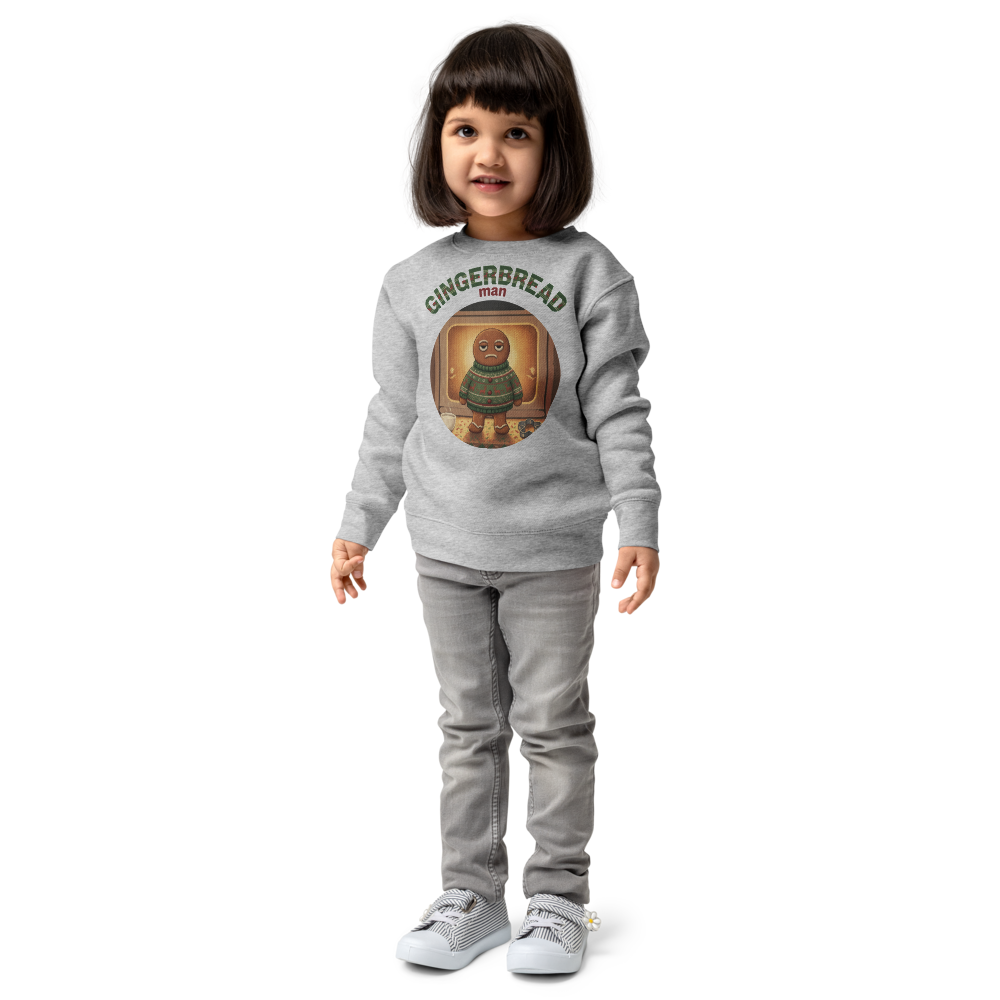 Gingerbread Man Toddler Ugly Christmas Sweater | Kids Crewneck Sweatshirt, Ages 2 to 7 Heather on-model girl