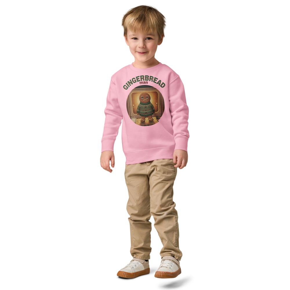 Gingerbread Man Toddler Ugly Christmas Sweater | Kids Crewneck Sweatshirt, Ages 2 to 7 Pink on-model boy