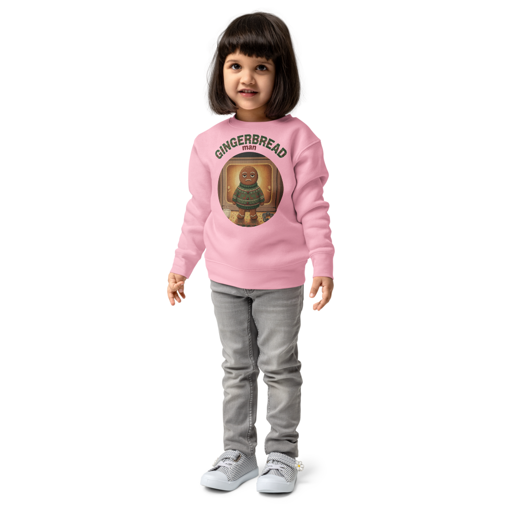 Gingerbread Man Toddler Ugly Christmas Sweater | Kids Crewneck Sweatshirt, Ages 2 to 7 Pink on-model girl