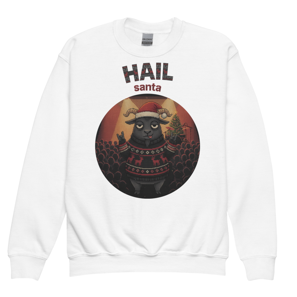 Hail Santa Kids Ugly Christmas Sweater | Youth Crewneck Sweatshirt White flat