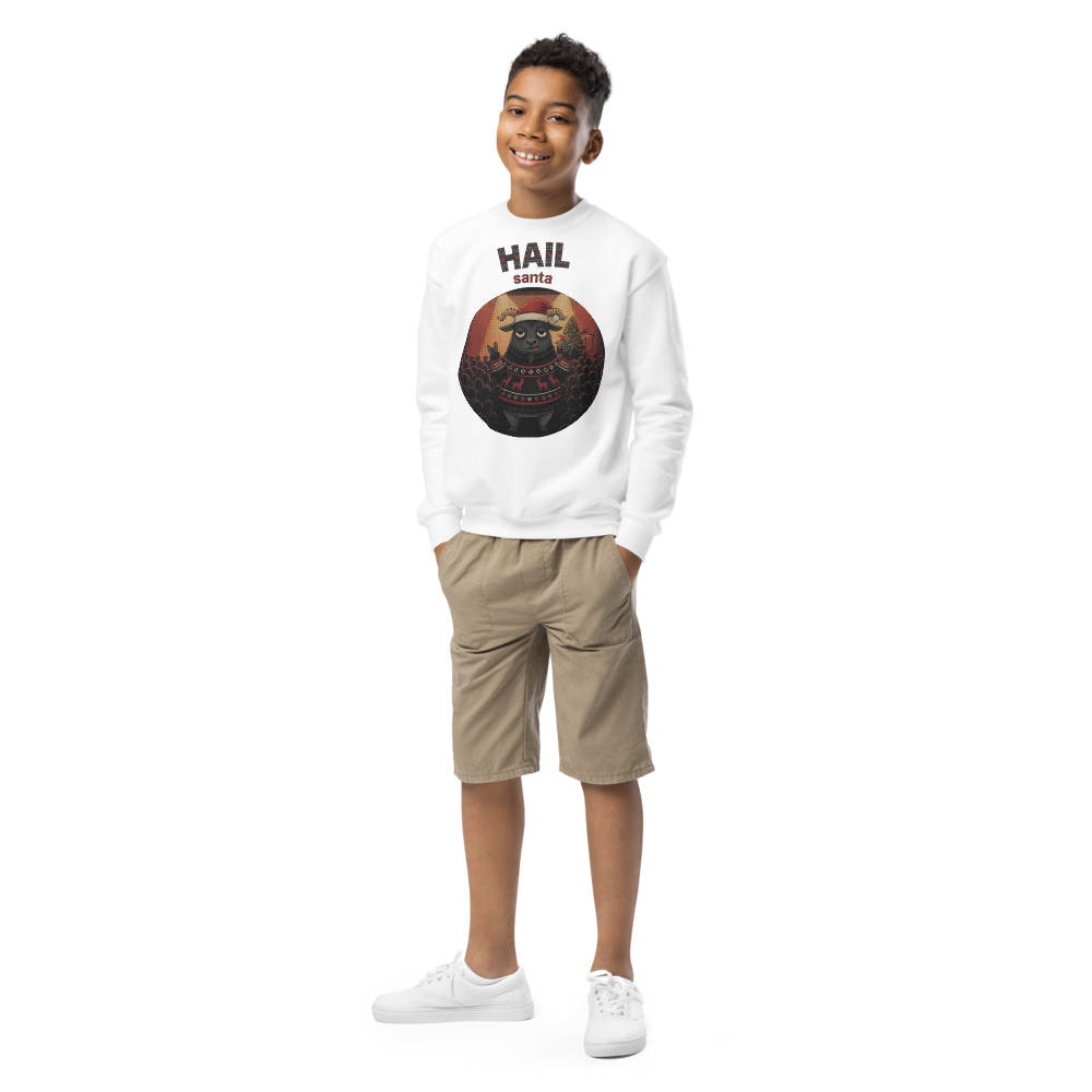Hail Santa Kids Ugly Christmas Sweater | Youth Crewneck Sweatshirt White on-model boy