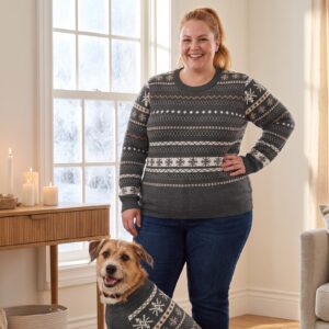 Plus size styling photo, Icelandic Yoke Matching Christmas Sweaters for Dog and Owner
