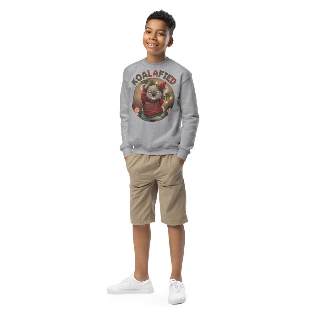 Koalafied Kids Ugly Christmas Sweater | Youth Crewneck Sweatshirt Sport Grey on-model boy