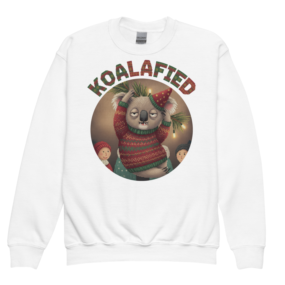 Koalafied Kids Ugly Christmas Sweater | Youth Crewneck Sweatshirt White flat