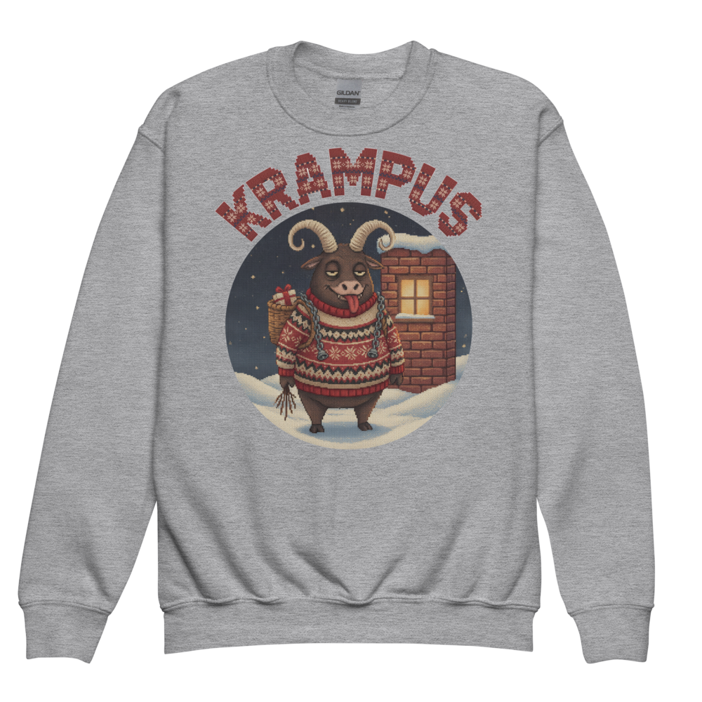 Krampus Kids Ugly Christmas Sweater | Youth Crewneck Sweatshirt Sport Grey flat
