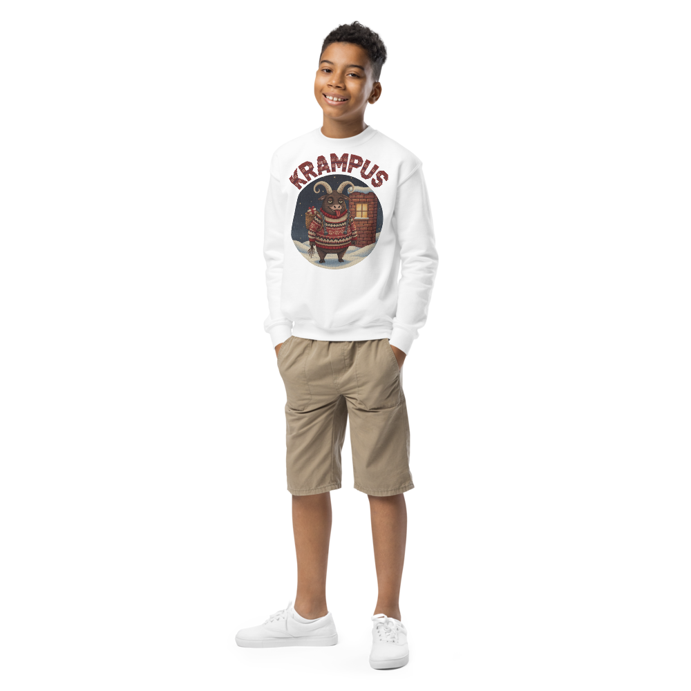 Krampus Kids Ugly Christmas Sweater | Youth Crewneck Sweatshirt White on-model boy