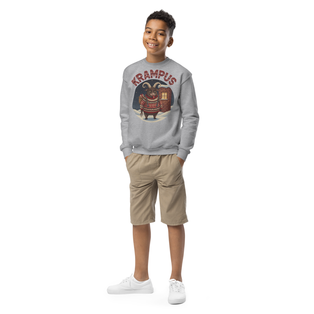Krampus Kids Ugly Christmas Sweater | Youth Crewneck Sweatshirt Sport Grey on-model boy