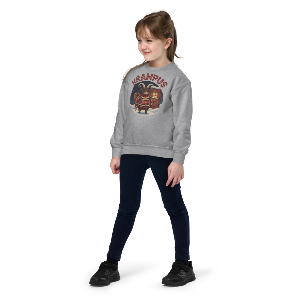 Krampus Kids Ugly Christmas Sweater | Youth Crewneck Sweatshirt Sport Grey on-model girl