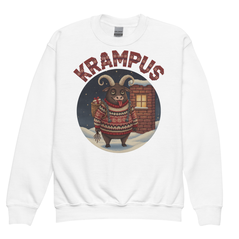 Krampus Kids Ugly Christmas Sweater | Youth Crewneck Sweatshirt White flat